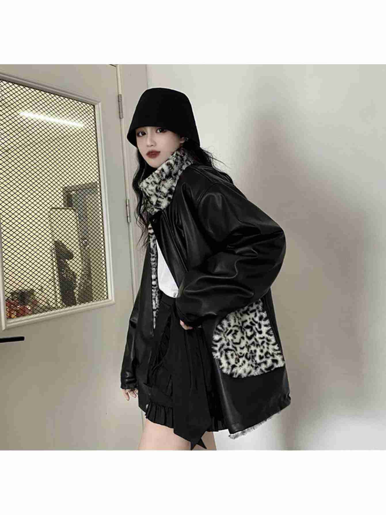 【2WAYリバーシブル】 レザーコート レディース レザージャケット フェイクレザー ライダースジャケット ヒョウ柄 レオパード アニマル柄 ブルゾン アウター ジャンパー 革ジャン 合皮 ゆったり オーバーサイズ 体型カバー 着痩せ 細見え 暖かい 防寒 厚手 秋冬 春