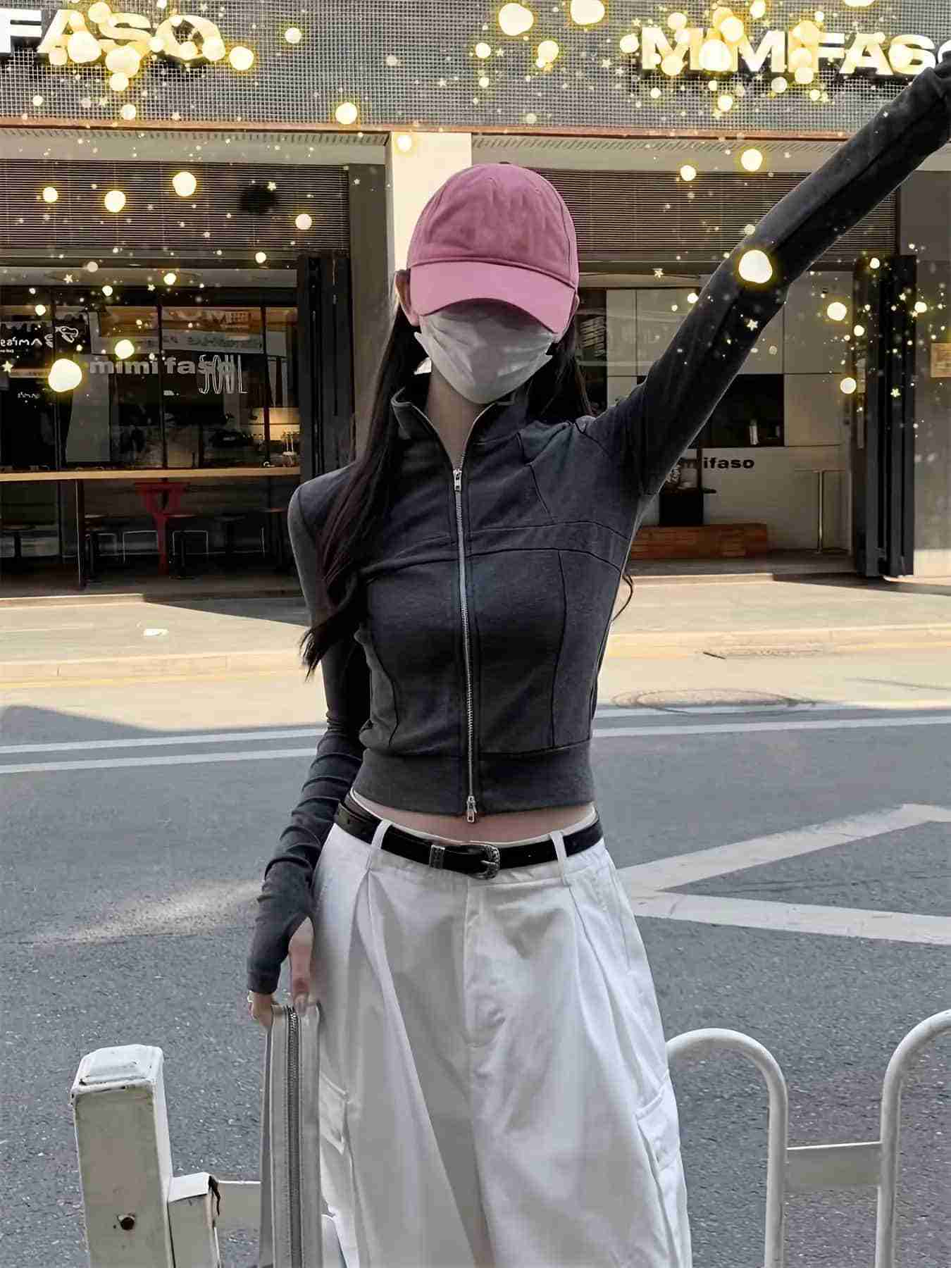 【指穴付き】 ジップアップ ジャケット レディース ショート丈 トップス パーカー コルセット風 切替 ハイネック 立ち襟 スリム タイト 細見え 着痩せ くびれ メイク スポーツウェア ヨガウェア ジム ダンス 韓国 ファッション ストリート Y2K 春 秋 長袖 無地