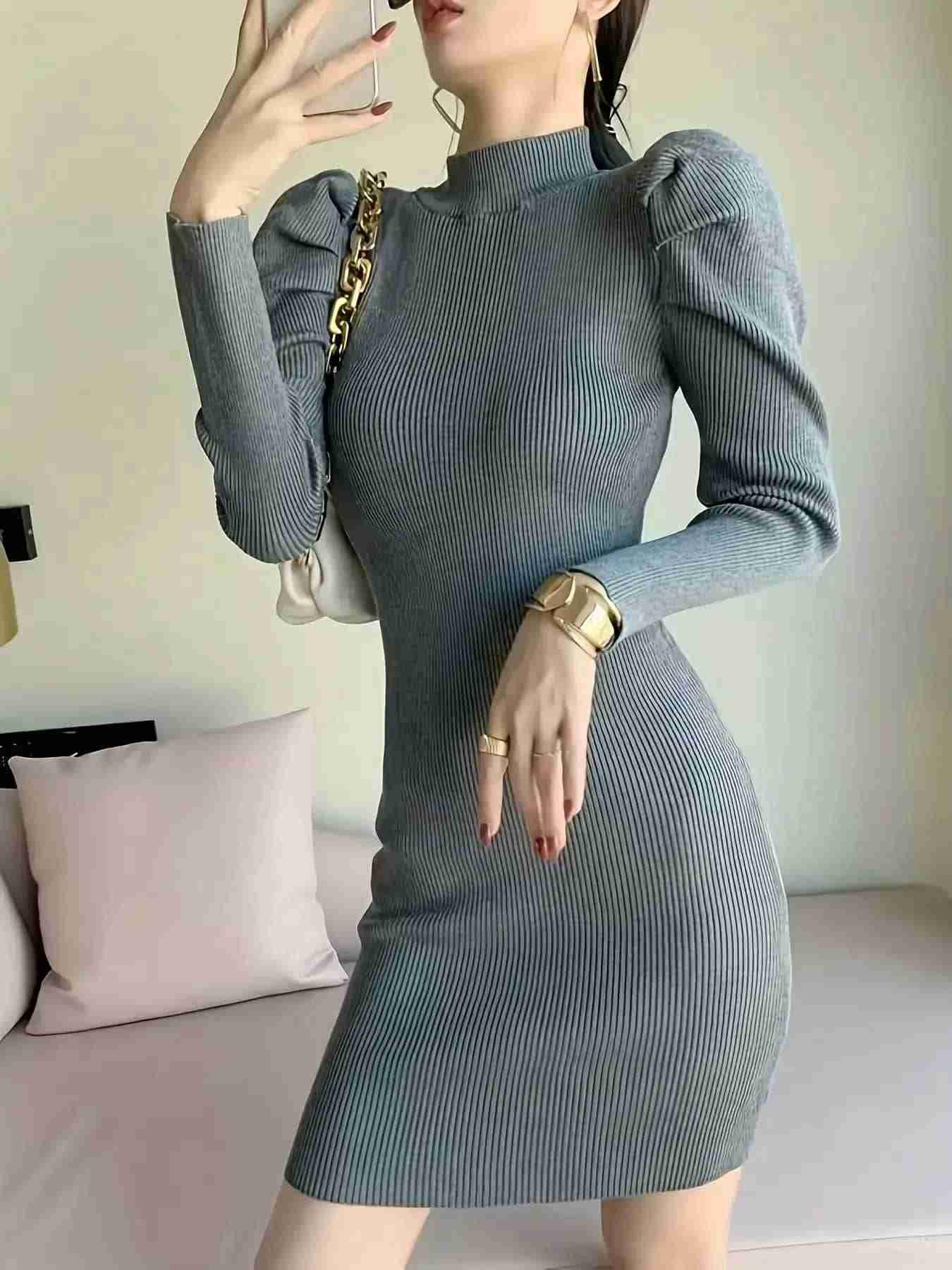 【大人セクシー】ニットワンピース タイト ミニ丈 ハイネック 長袖 ボリューム袖 リブニット ワンピース ボディコン レディース 膝上 盛り袖 きれいめ 伸縮性 ストレッチ スタイルアップ 着痩せ 細見え 華奢見え 二の腕カバー デート服 パーティー 二次会 お呼ばれ
