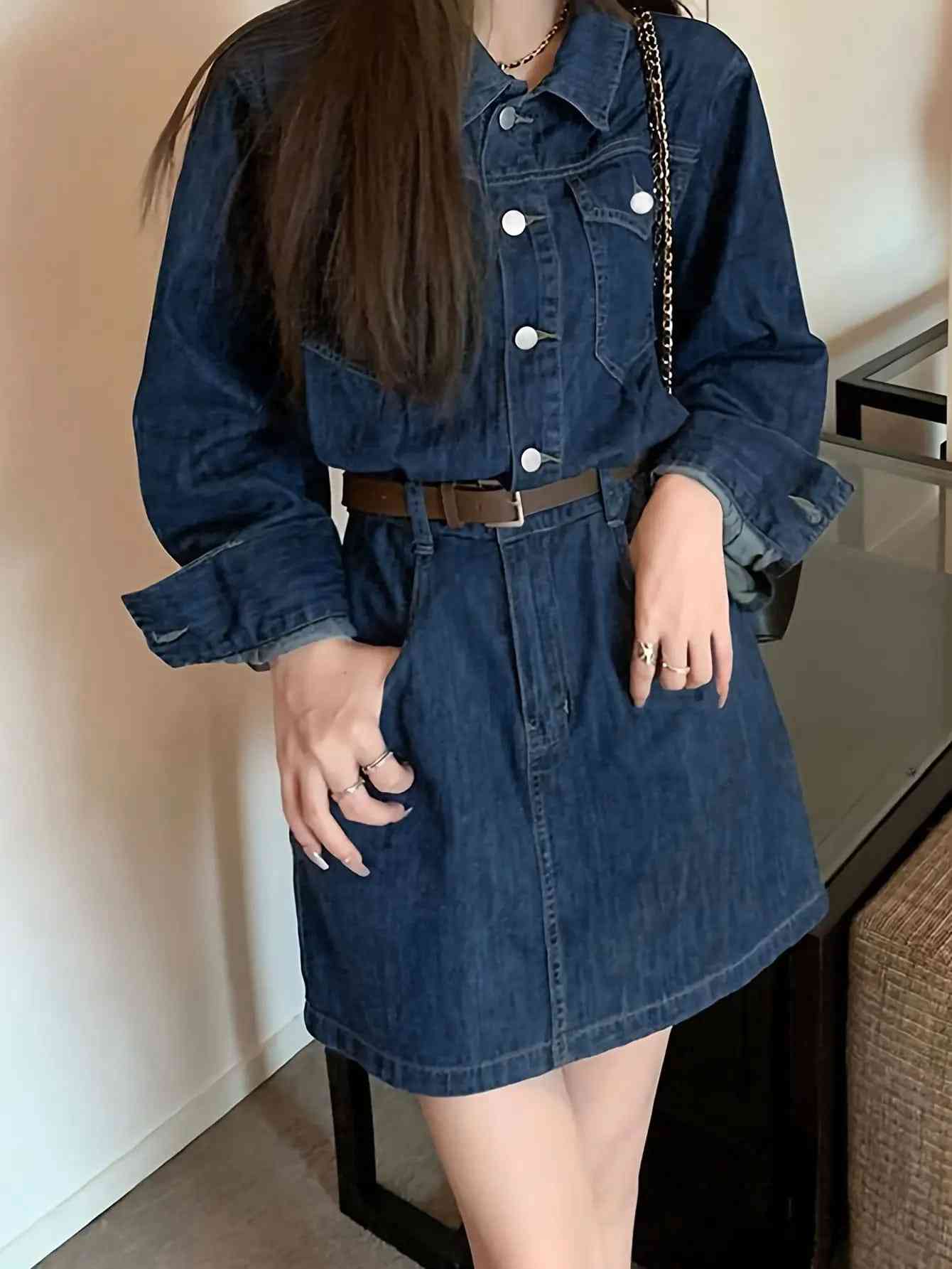 デニムワンピース レディース 長袖 シャツワンピース ミニ丈 デニムワンピ ワンピース 膝丈 Aライン チュニック 前開き カジュアル 大人可愛い 韓国ファッション レトロ きれいめ 襟付き 20代 30代 40代 春 秋 冬 体型カバー 着痩せ 細見え ウエストマーク ベルト付き