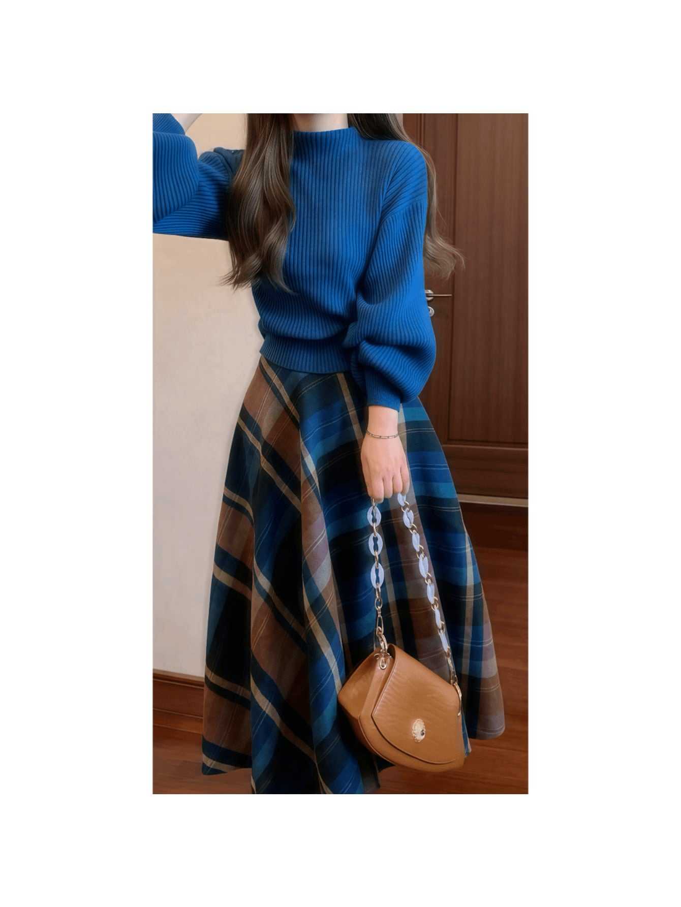 【大人可愛い】セットアップ レディース 上下セット 2点セット ニット セーター トップス ハイネック ボトルネック リブニット ボリューム袖 長袖 チェック柄スカート Aラインスカート ロングスカート マキシ丈 格子柄 体型カバー 着痩せ 細見え きれいめ フェミニン