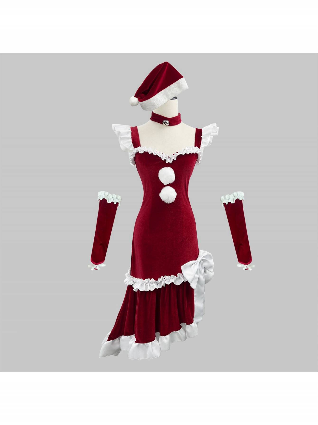 【4点セット】サンタ コスプレ レディース クリスマス ワンピース 大人 セクシー ベロア風 コスチューム サンタコス 膝丈 タイト マーメイド 裾フリル キャバドレス パーティー イベント 衣装 仮装 学園祭 忘年会 演出服 赤 レッド チョーカー アームカバー 帽子