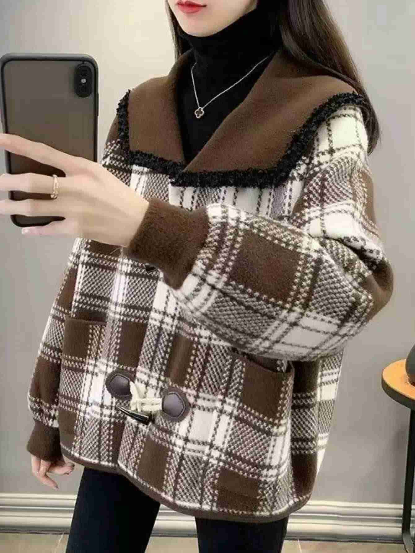 【セーラーカラー】 チェック柄 ジャケット レディース ダッフルコート アウター タータンチェック ショートコート 長袖 襟付き フリンジ トグルボタン ゆったり 大きいサイズ オーバーサイズ 体型カバー 着痩せ もこもこ 暖かい 防寒 ニット カーディガン ボア｜デイリーパレット店
