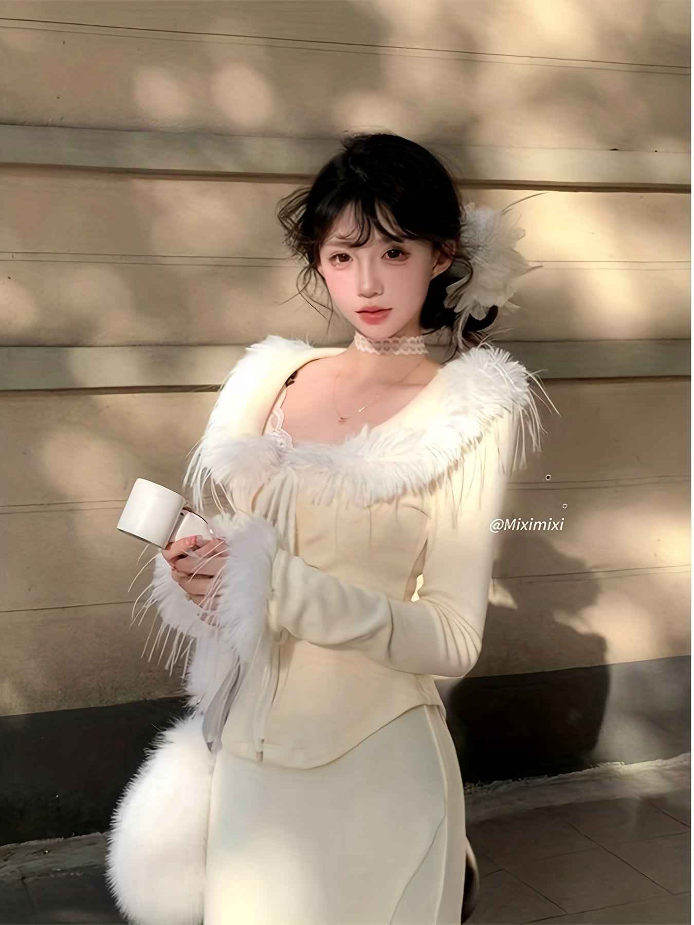 性感?袖修身上衣搭配半身?尾?裙秋冬套装裙?件套女，温柔高?毛毛?接套装性感方????袖?衫上衣包臀半身裙?件套