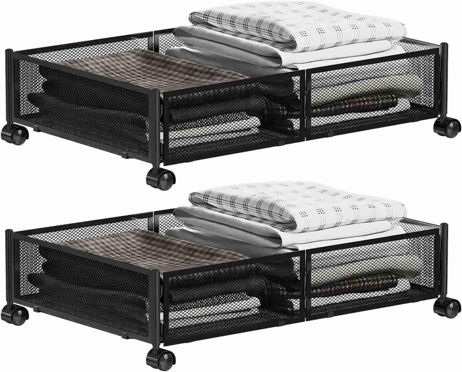 ベッド下収納ボックス ローラー付き 収納ケース 布団袋 スペース活用 持ち手 2個セット (ブラック フルメッシュ)｜デイリーパレット店
