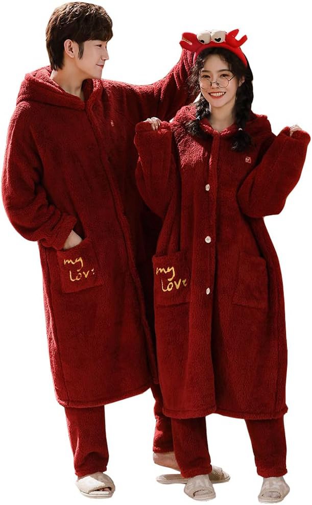 ペアパジャマ カップル 長袖 ルームウェア もこもこ 上下セット ナイトガウン レディース ロング オールインワン パジャマ メンズ 前開き 冬 結婚祝い プレゼント 暖かい 裏起毛 寝巻き 部屋着