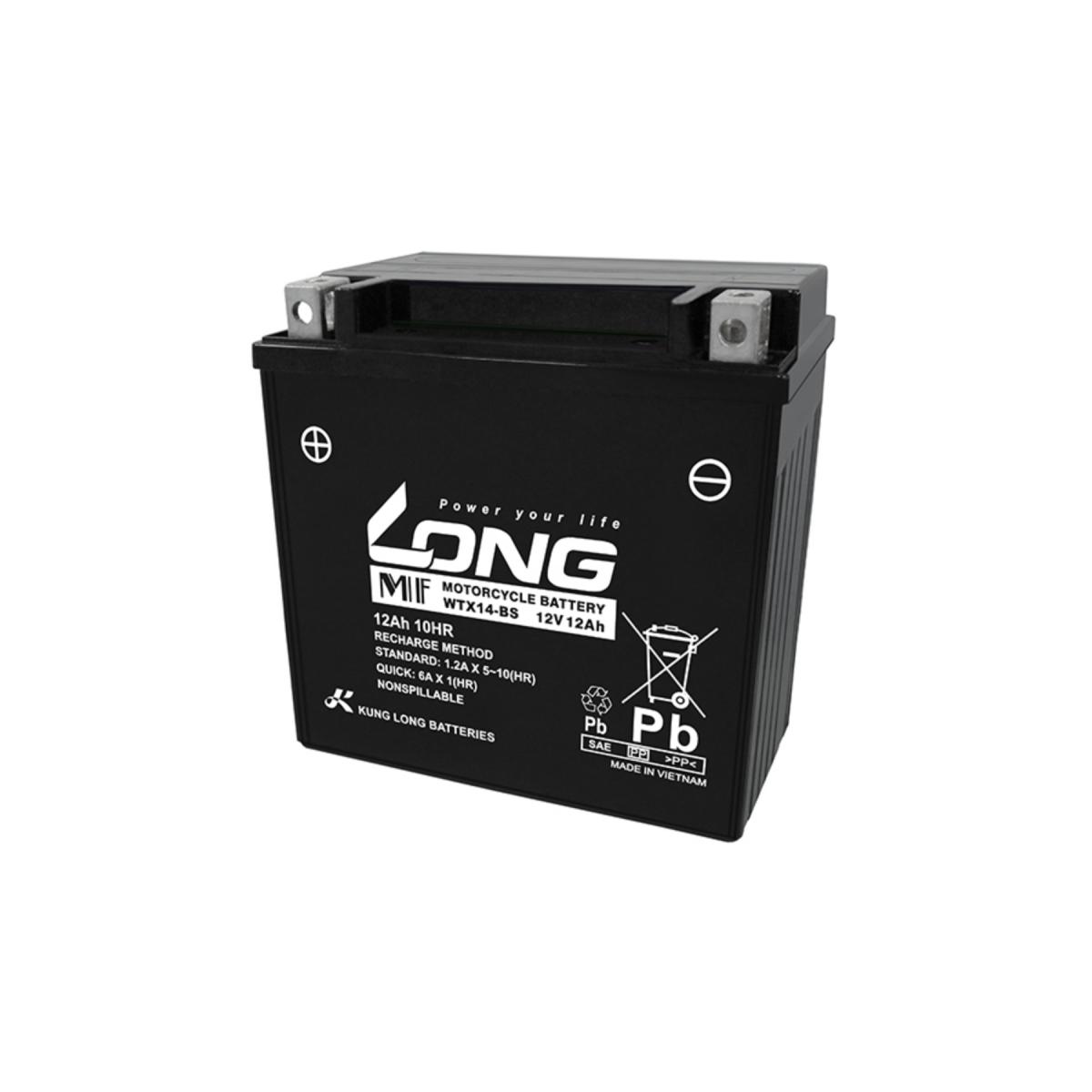 ロングバッテリー バッテリー 12V/12Ah 液注入済 互換 YTX14-BS 相当 WTX14-BS