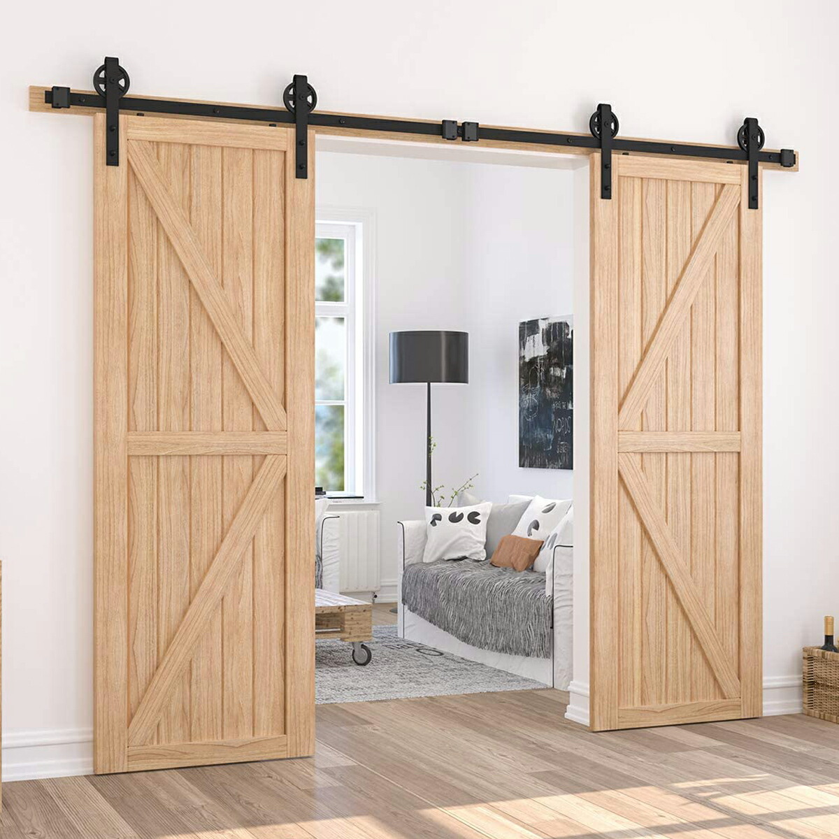 省スペース バリアフリーのスライドドアで簡単リフォーム アウトセット 側面固定 室内ドア 内装ドア 木製建具 収納建具 扉 吊り Barn Door 玄関 リビング ダイニング 寝室 室内ドア バーンドア 両引き戸 15ft 4 600mm トラック レールキット ホイール 車輪 デザイン