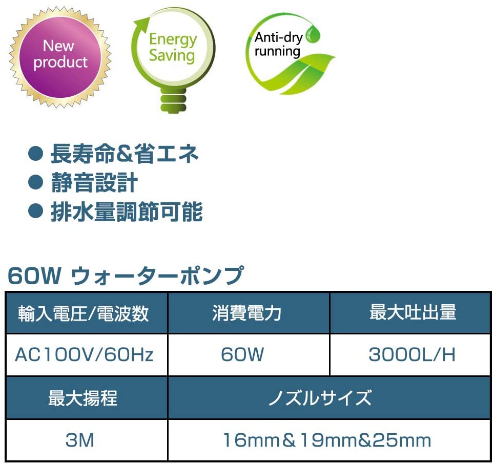 水中ポンプ 底部入水式 循環ポンプ 吐出量3000l H 最大揚程3m 水耕栽培ウォーターポンプ 水族館給水 排水ポンプ 静音設計 60w Umu Ac Ug