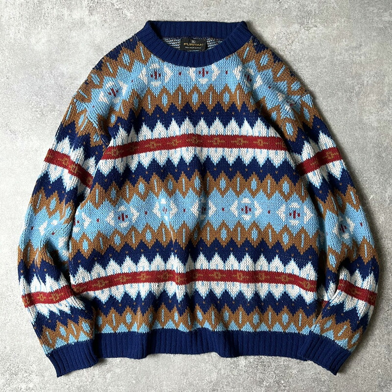 70s PURITAN フェアアイル 総柄 アクリル ニット セーター XL / 70年代 ピューリタン ビンテージ マルチカラー ノルディック 【中古】 古着 アメリカ古着 USED ユーズド 中古 VINTAGE US古着 アメカジ|US古着 RUMRAGE 店