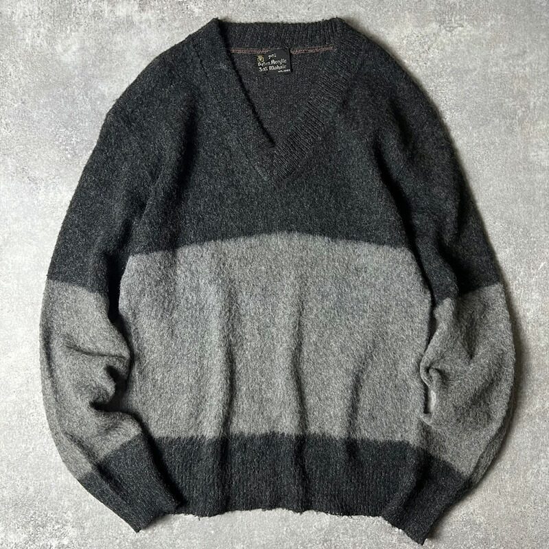 60s UNKNOWN 2トーン 切替 30% モヘア アクリル Vネック ニット セーター / 60年代 ビンテージ モヘヤ モノトーン 【中古】 古着 アメリカ古着 USED ユーズド 中古 VINTAGE US古着 アメカジ
