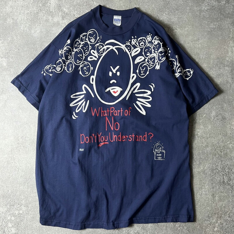 90s USA製 キャラクター メッセージ プリント 半袖 Tシャツ XXL / 90年代 アメリカ製 オールド キャラ ネイビー 【中古】 古着 アメリカ古着 USED ユーズド 中古 VINTAGE US古着 アメカジ