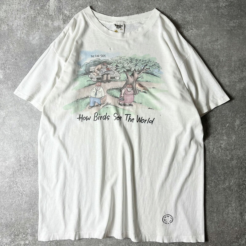 雰囲気系 90s USA製 THE FAR SIDE ジョーク キャラクター プリント 半袖 Tシャツ XL / 90年代 アメリカ製 オールド シングル ステッチ 白 【中古】 古着 アメリカ古着 USED ユーズド 中古 VINTAGE US古着 アメカジ