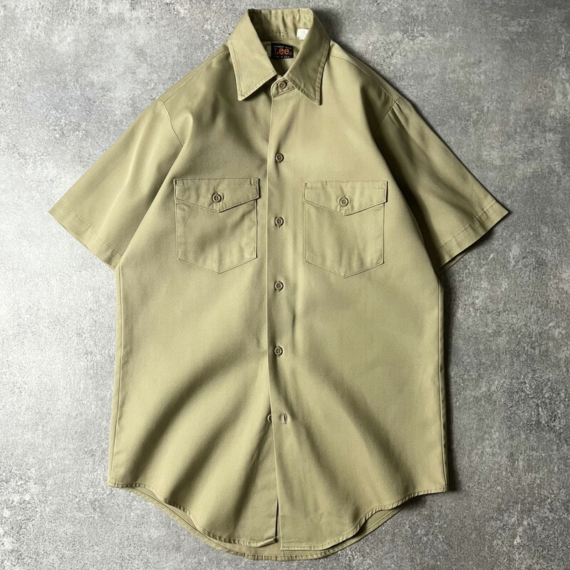 70s USA製 Lee 半袖 ワーク シャツ / 70年代 アメリカ製 ビンテージ リー カーキ ベージュ 無地 PERMNENT PRESS 【中古】 古着 アメリカ古着 USED ユーズド 中古 VINTAGE US古着 アメカジ
