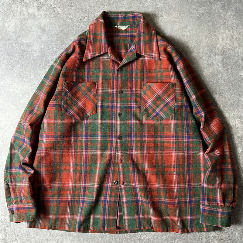 楽天市場】50s 60s Brent チェック ウール 長袖 オープンカラー シャツ