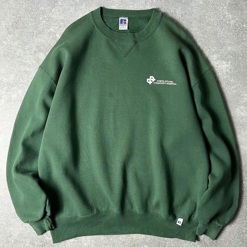90s USA製 RUSSELL 企業 ロゴ プリント 前V スウェット トレーナー XL / 90年代 アメリカ製 オールド ラッセル グリーン 【中古】 古着 アメリカ古着 USED ユーズド 中古 VINTAGE US古着 アメカジ