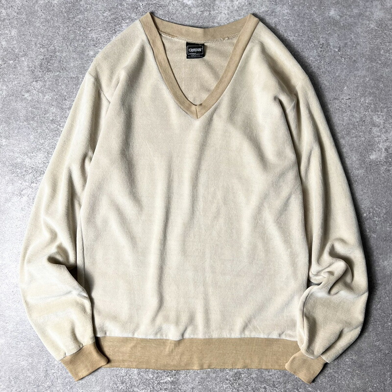 80s USA製 CAMPUS Vネック ベロア カットソー M / 80年代 アメリカ製 ビンテージ キャンパス ベージュ トップス 【中古】 古着 アメリカ古着 USED ユーズド 中古 VINTAGE US古着 アメカジ