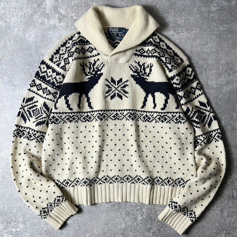 ラルフローレン　毛１００％　ハンドニット　セーター　総柄　ポニー柄　美品 ラルフローレン 毛100％ ハンドニット セーター 総柄 ポニー