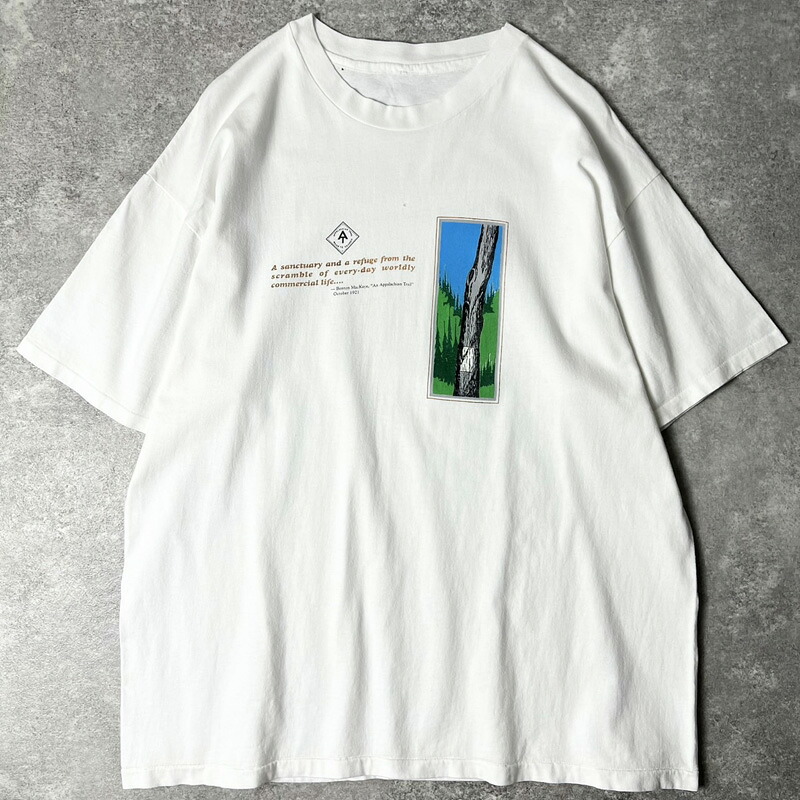 90s アパラチアン トレイル イラスト メッセージ プリント 半袖 Tシャツ / 90年代 オールド シングル ステッチ 白 【中古】 古着 アメリカ古着 USED ユーズド 中古 VINTAGE US古着 アメカジ