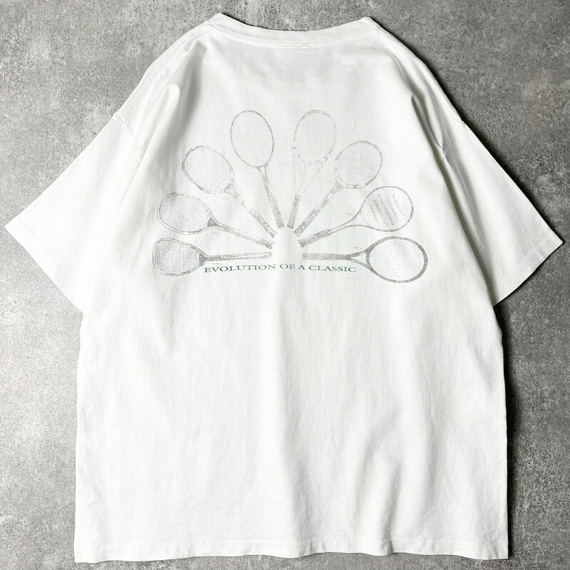 90s テニス ラケット 両面 アート プリント 半袖 Tシャツ / 90年代 オールド シングル ステッチ ホワイト 白 【中古】 古着 アメリカ古着 USED ユーズド 中古 VINTAGE US古着 アメカジ
