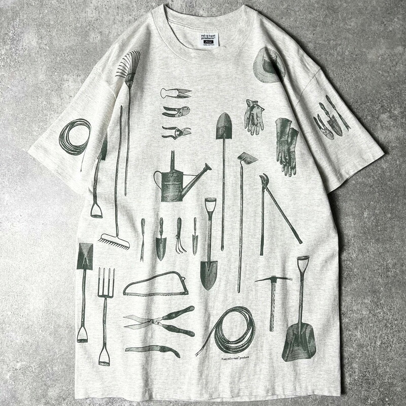 90s USA製 ツール 工具 総柄 アート プリント 半袖 Tシャツ L / 90年代 アメリカ製 オールド シングル ステッチ 霜降り グレー 【中古】 古着 アメリカ古着 USED ユーズド 中古 VINTAGE US古着 アメカジ