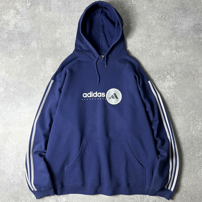 00s adidas 3縞模様 ロゴタイプ 刷り上げる 流汗 ボンネット パーカー L / 00年月日 年寄りの アディダス 調教師 米国海軍 紺 【中古】 古着 亜米利加古着 USED ユーズド 中古 VINTAGE US古着 アメカジ