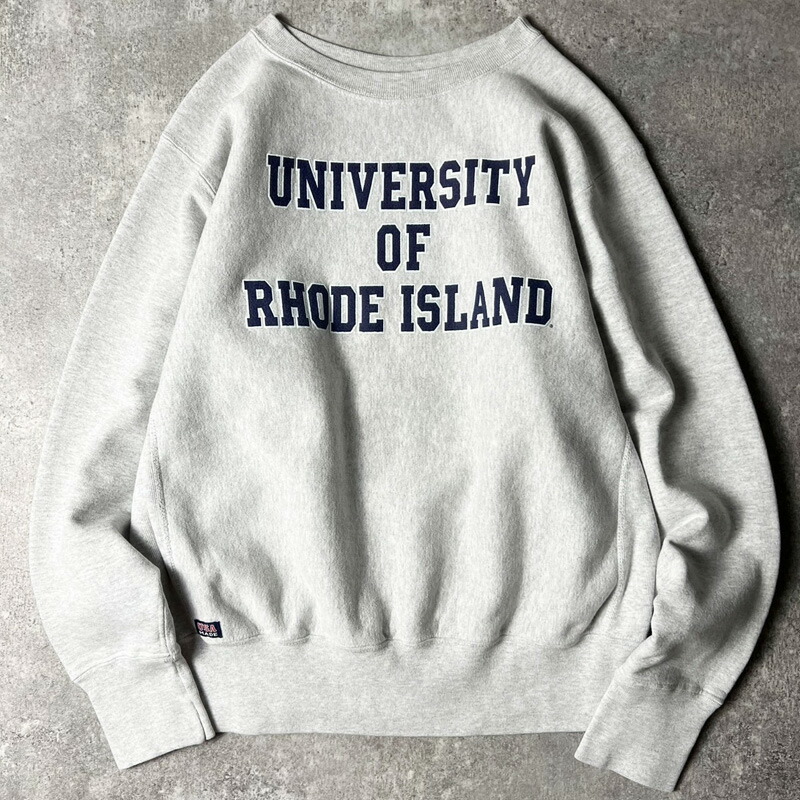 90s USA製 Cotton Exchange 3段 カレッジ プリント RWタイプ スウェット トレーナー S / 90年代 アメリカ製 オールド リバース グレー 【中古】 古着 アメリカ古着 USED ユーズド 中古 VINTAGE US古着 アメカジ