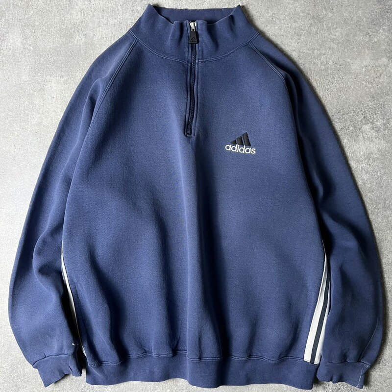 佇まい系 90s USA製 adidas ロゴタイプ 刺しゅう 3縞模様 ハーフジップ ティーシャツ 流汗 調教師 L / 90年月日 年寄りの 亜米利加製 アディダス 茄子紺 【中古】 古着 亜米利加古着 USED ユーズド 中古 VINTAGE US古着 アメカジ