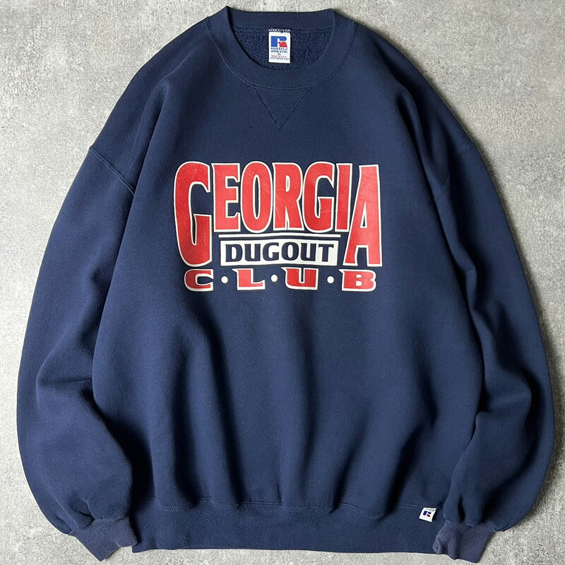90s USA製 RUSSELL 2段 カレッジ プリント スウェット トレーナー XL / 90年代 アメリカ製 オールド ラッセル ネイビー 【中古】 古着 アメリカ古着 USED ユーズド 中古 VINTAGE US古着 アメカジ