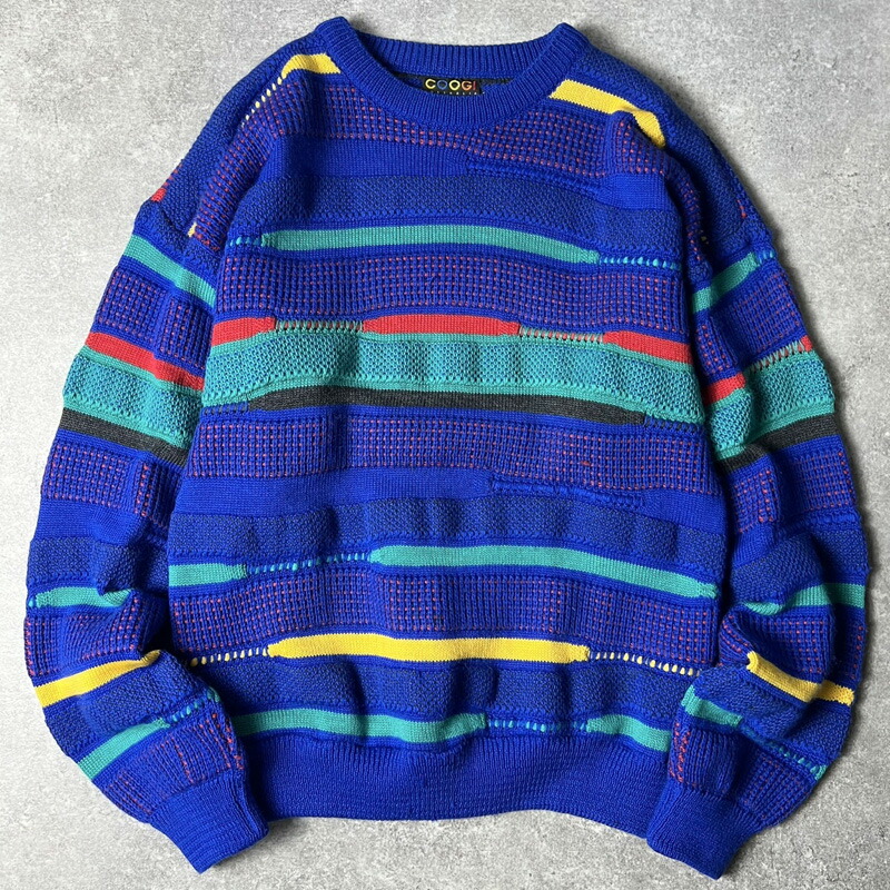 90s オーストラリア連邦製 COOGI 総柄 3D 立体編み 羊毛 編み物 スウェーター M / 90年月日 クージー 年寄りの 青色 青写真 【中古】 古着 亜米利加古着 USED ユーズド 中古 VINTAGE US古着 アメカジ