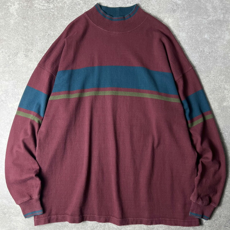 80s USA製 LLBean モックネック ボーダー 長袖 Tシャツ XXL / 80年代 アメリカ製 ビンテージ エルエルビーン ラガー ロンT 【中古】 古着 アメリカ古着 USED ユーズド 中古 VINTAGE US古着 アメカジ