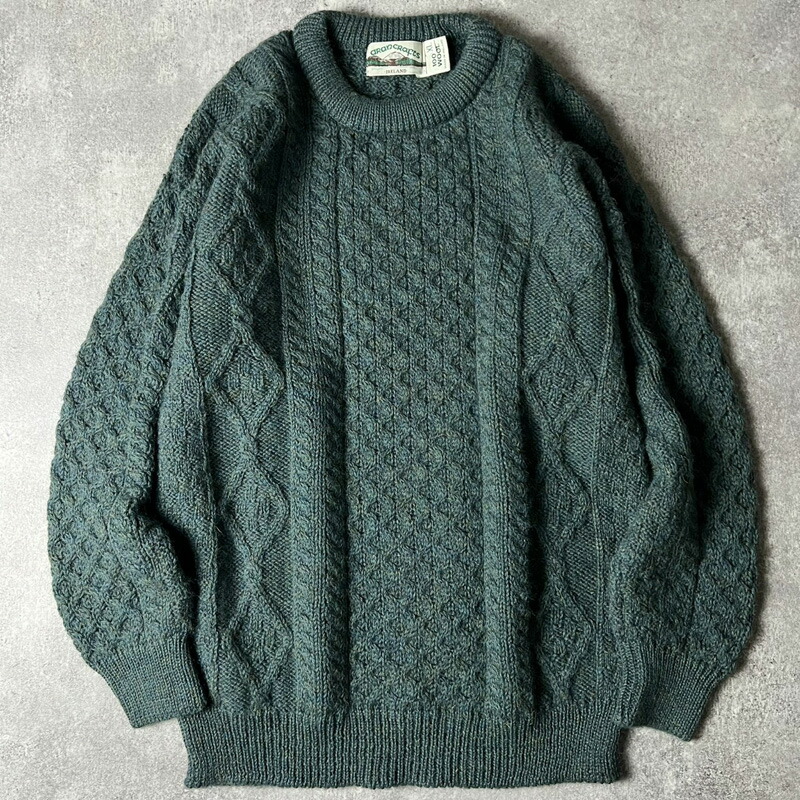 アイルランド製 aran crafts ウール フィッシャーマン ニット セーター XL / アランクラフト アラン グリーン 無地 【中古】 古着 アメリカ古着 USED ユーズド 中古 VINTAGE US古着 アメカジ