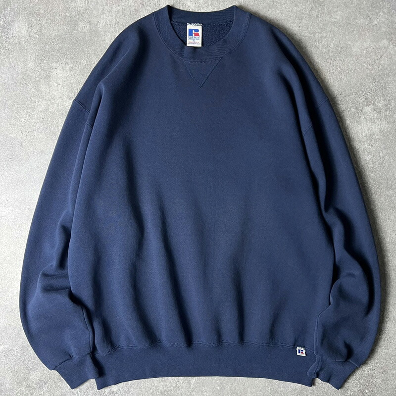 90s USA製 RUSSELL 無地 前V スウェット トレーナー XL / 90年代 アメリカ製 オールド ラッセル 裏起毛 ネイビー 紺 【中古】 古着 アメリカ古着 USED ユーズド 中古 VINTAGE US古着 アメカジ