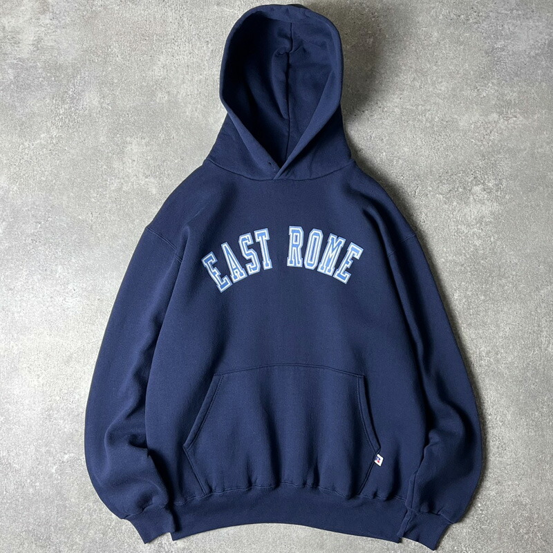 90s USA製 RUSSELL カレッジ プリント スウェット フード パーカー L / 90年代 アメリカ製 オールド ラッセル トレーナー ネイビー 紺 【中古】 古着 アメリカ古着 USED ユーズド 中古 VINTAGE US古着 アメカジ｜US古着 RUMRAGE 店