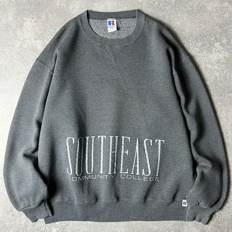 90s USA製 RUSSELL カレッジ プリント スウェット トレーナー XXL / 90年代 アメリカ製 オールド ラッセル ダーク グレー 【中古】 古着 アメリカ古着 USED ユーズド 中古 VINTAGE US古着 アメカジ