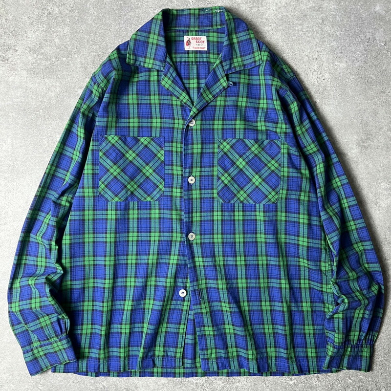 60s GREAT SCOT ブラックウォッチ チェック 長袖 オープンカラー シャツ M / 60年代 ビンテージ ボックス 開襟 コットン 【中古】 古着 アメリカ古着 USED ユーズド 中古 VINTAGE US古着 アメカジ