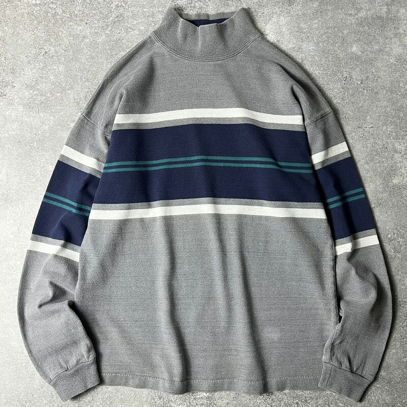 80s USA製 LLBean モックネック ボーダー 長袖 Tシャツ L / 80年代 アメリカ製 ビンテージ エルエルビーン ラガー ロンT 【中古】 古着 アメリカ古着 USED ユーズド 中古 VINTAGE US古着 アメカジ