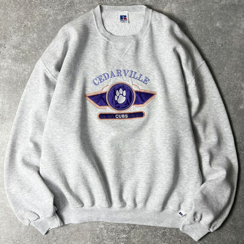 90s RUSSELL 3段 カレッジ パッチ 刺繍 スウェット トレーナー XL / 90年代 オールド ラッセル 霜降り グレー 【中古】 古着 アメリカ古着 USED ユーズド 中古 VINTAGE US古着 アメカジ