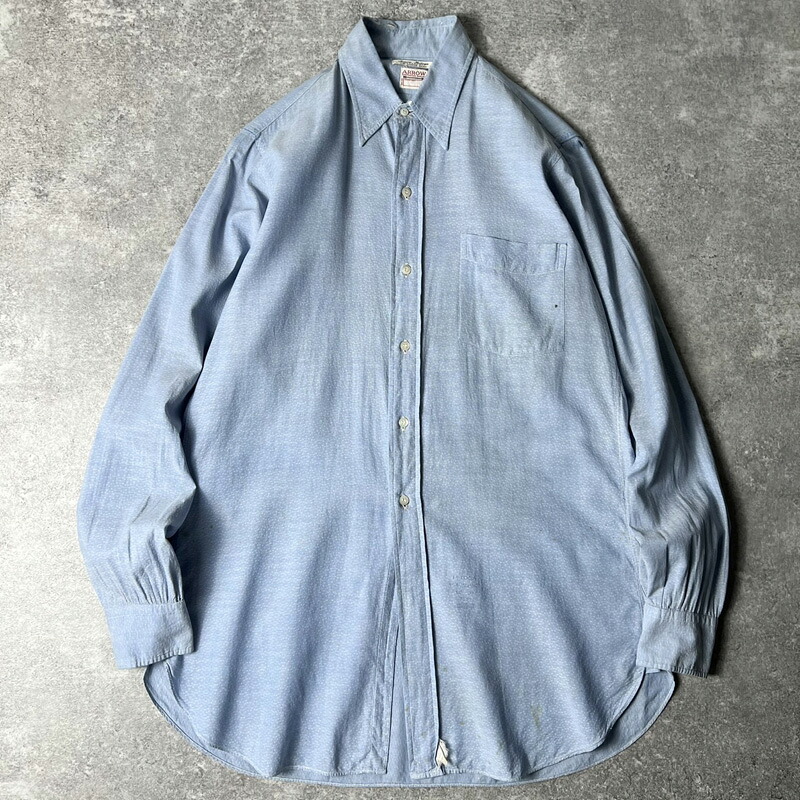 雰囲気系 60s ARROW マチ付き 織り 総柄 長袖 コットン ドレス シャツ 14 / 60年代 ビンテージ アロー ブルー 【中古】 古着 アメリカ古着 USED ユーズド 中古 VINTAGE US古着 アメカジ|US古着 RUMRAGE 店
