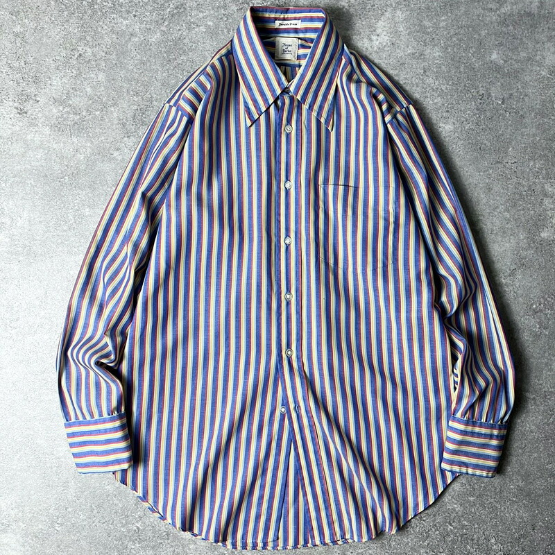 70s House of Yorke マルチカラー ストライプ 長袖 コットン ポリエステル シャツ 15 / 70年代 ビンテージ 柄シャツ Durable Press 【中古】 古着 アメリカ古着 USED ユーズド 中古 VINTAGE US古着 アメカジ｜US古着 RUMRAGE 店