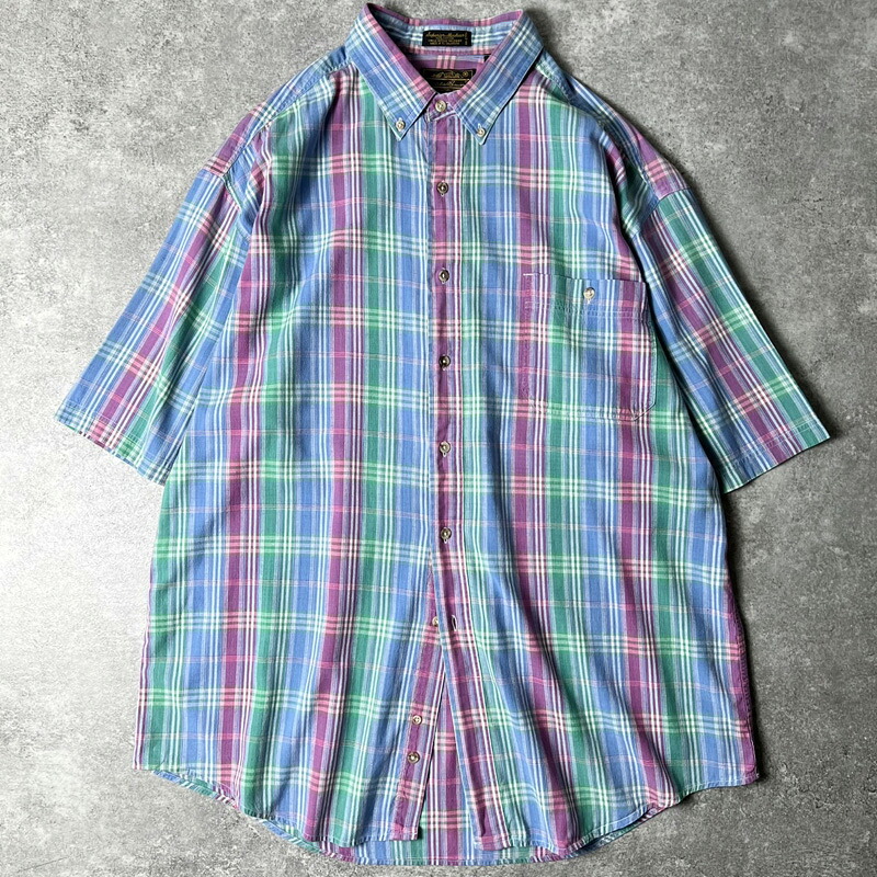 80s 黒タグ Eddie Bauer コットン マドラス チェック 半袖 ボタンダウン シャツ XL / 80年代 ビンテージ エディーバウアー マルチカラー 【中古】 古着 アメリカ古着 USED ユーズド 中古 VINTAGE US古着 アメカジ｜US古着 RUMRAGE 店