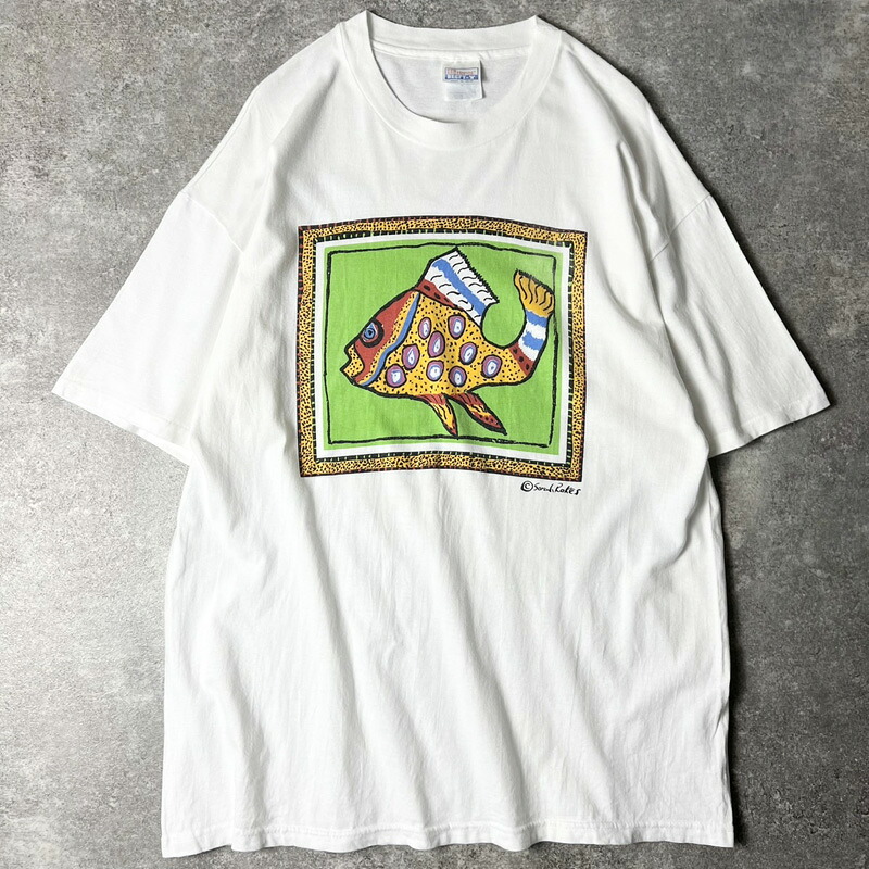 90s フィッシュ アート プリント 半袖 Tシャツ XL / 90年代 オールド 魚 アニマル シングル ステッチ ホワイト 白 【中古】 古着 アメリカ古着 USED ユーズド 中古 VINTAGE US古着 アメカジ