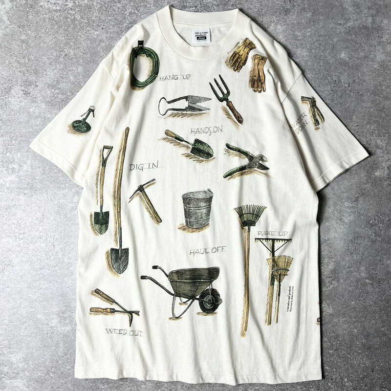 90s USA製 ツール 工具 総柄 アート プリント 半袖 Tシャツ L / 90年代 アメリカ製 オールド 生成り ナチュラル オールオーバー 【中古】 古着 アメリカ古着 USED ユーズド 中古 VINTAGE US古着 アメカジ