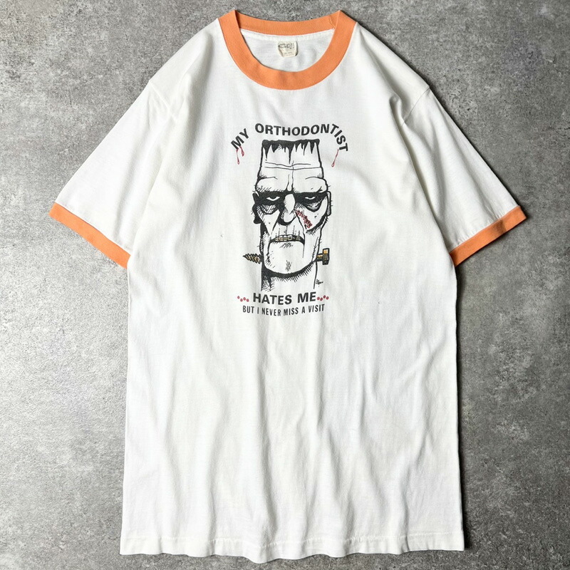 70s USA製 フランケンシュタイン 矯正 染み込み プリント 半袖 リンガー Tシャツ M / 70年代 アメリカ製 ビンテージ シングル 企業 企業物 歯医者 【中古】 古着 アメリカ古着 USED ユーズド 中古 VINTAGE US古着 アメカジ