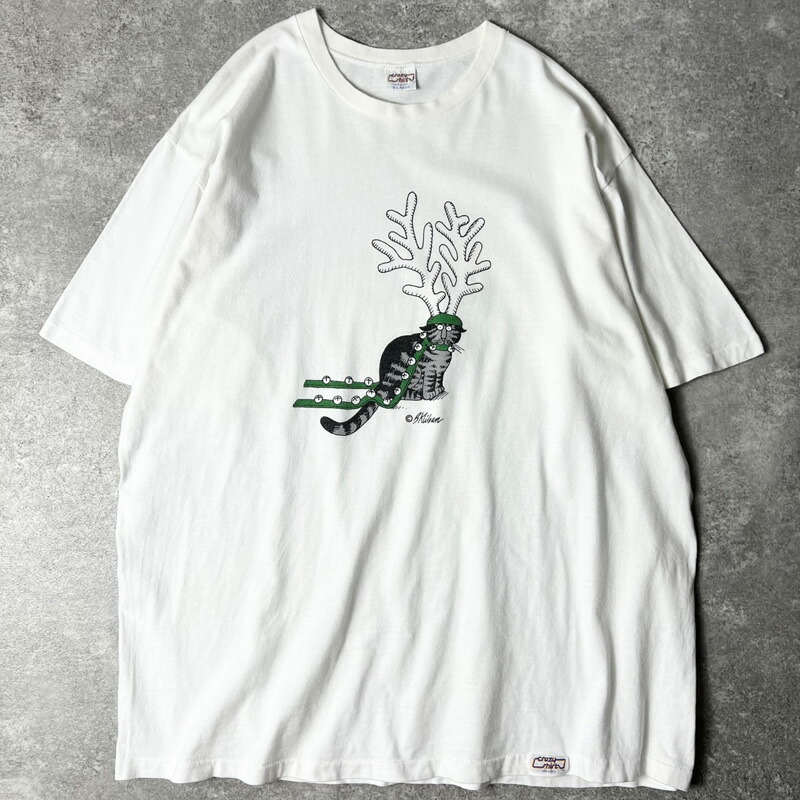 90s USA製 クリバンキャット イラスト プリント 半袖 Tシャツ XL / 90年代 アメリカ製 オールド シングル ステッチ 白 Crazy Shirt 【中古】 古着 アメリカ古着 USED ユーズド 中古 VINTAGE US古着 アメカジ