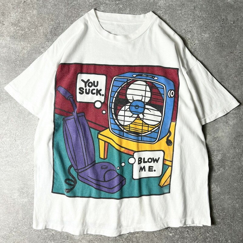 90s ジョーク イラスト プリント 半袖 Tシャツ / 90年代 オールド アート シングル ステッチ スラング ホワイト 白 【中古】 古着 アメリカ古着 USED ユーズド 中古 VINTAGE US古着 アメカジ