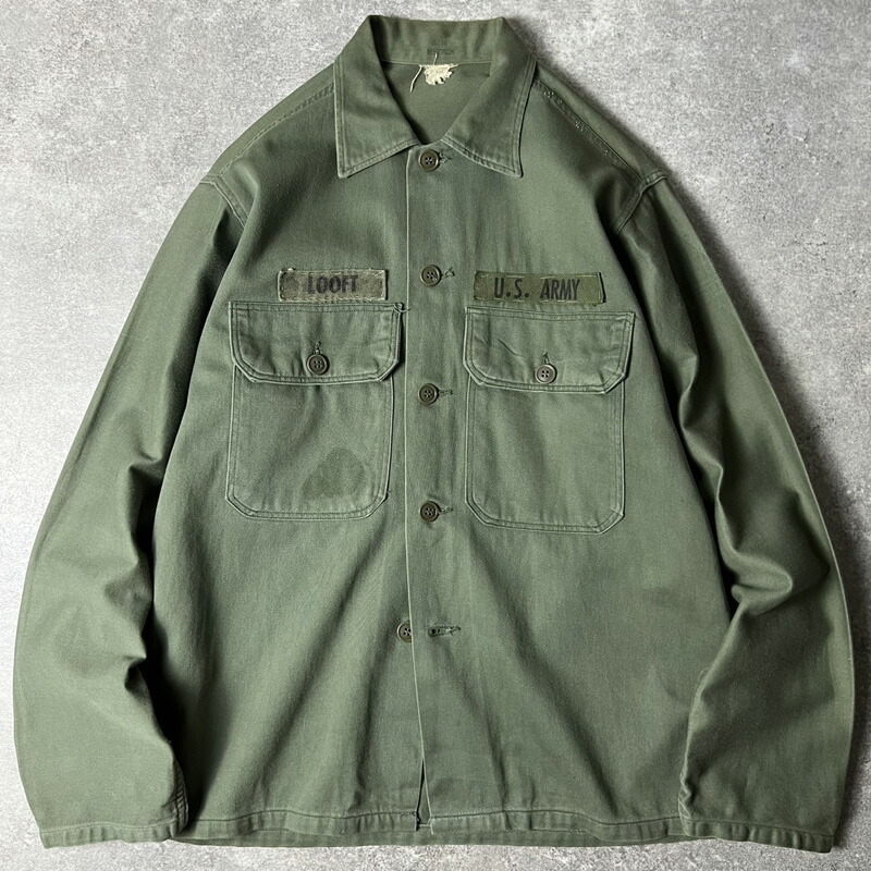 【実物】60s us army ユーティリティシャツOG107 筒袖 軍物　米軍 60s 65年製 米軍実物 US ARMY コットン サテン ユーティリティ