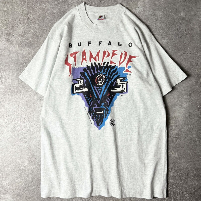 90s USA製 Buffalo Stampede フィールドホッケー ロゴタイプ 刷り上げる 半袖 ティーシャツ L / 90年月日 亜米利加製 年寄りの シングル 編み目 薄墨色 【中古】 古着 亜米利加古着 USED ユーズド 中古 VINTAGE US古着 アメカジ