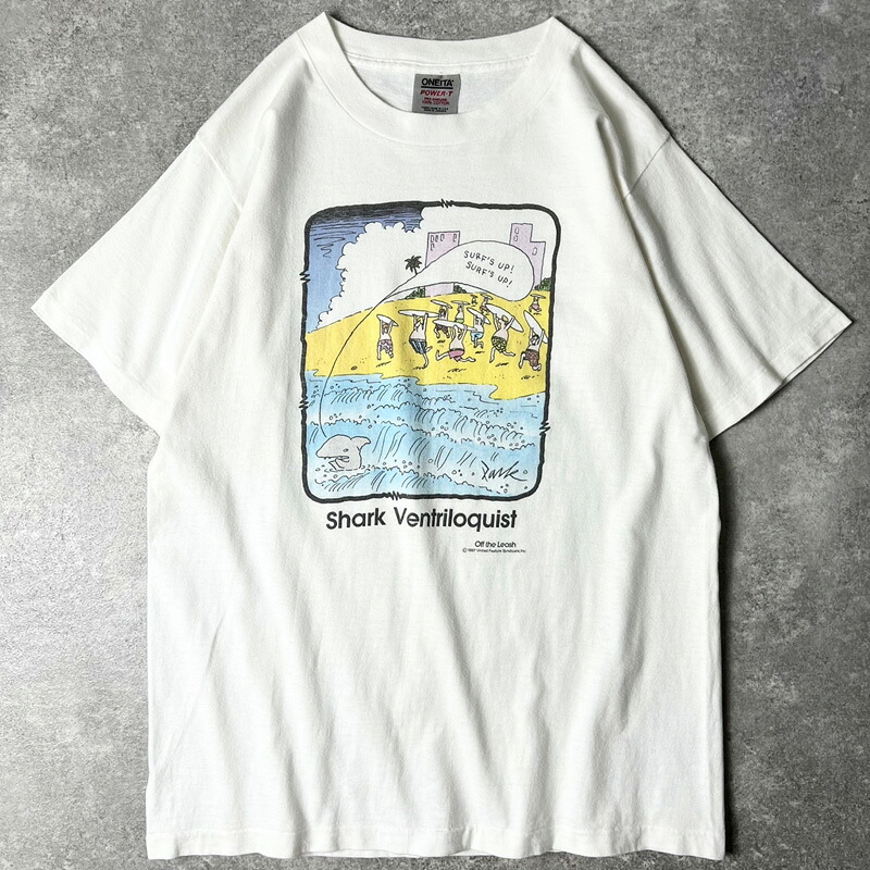80s USA製 サーフィン ジョーク イラスト プリント 半袖 Tシャツ L / 80年代 アメリカ製 ビンテージ シングル ステッチ アニマル サメ 【中古】 古着 アメリカ古着 USED ユーズド 中古 VINTAGE US古着 アメカジ