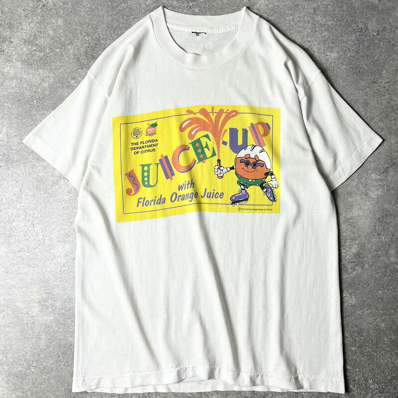 80s 90s オレンジ ジュース 企業物 キャラクター プリント 半袖 Tシャツ / 80年代 90年代 ビンテージ 企業 シングル ステッチ 白 【中古】 古着 アメリカ古着 USED ユーズド 中古 VINTAGE US古着 アメカジ｜US古着 RUMRAGE 店